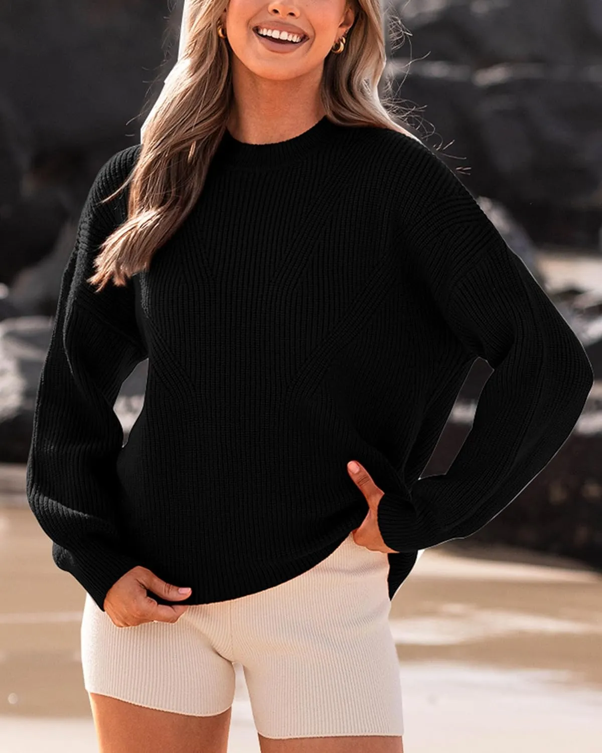 BTFBM Womens Casual Long Sleeve Sweaters Crew Neck Oversized Ribbed Knit Pullover Sweater 2025 Fall Winter Jumper Tops