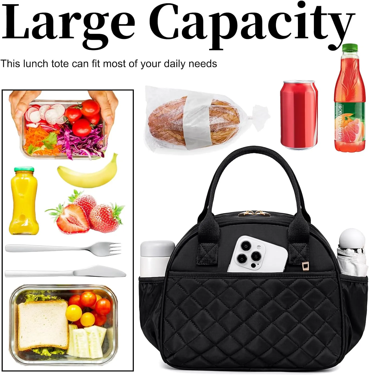 BTOOP Lunch Box for Women Men Insulated Lunch Bag Quilted Lunchbox Cute Adult Lunch Tote with Adjustable Shoulder Strap Reusable Lunch Bags Water Resistant for Travel Work Picnic (Black)