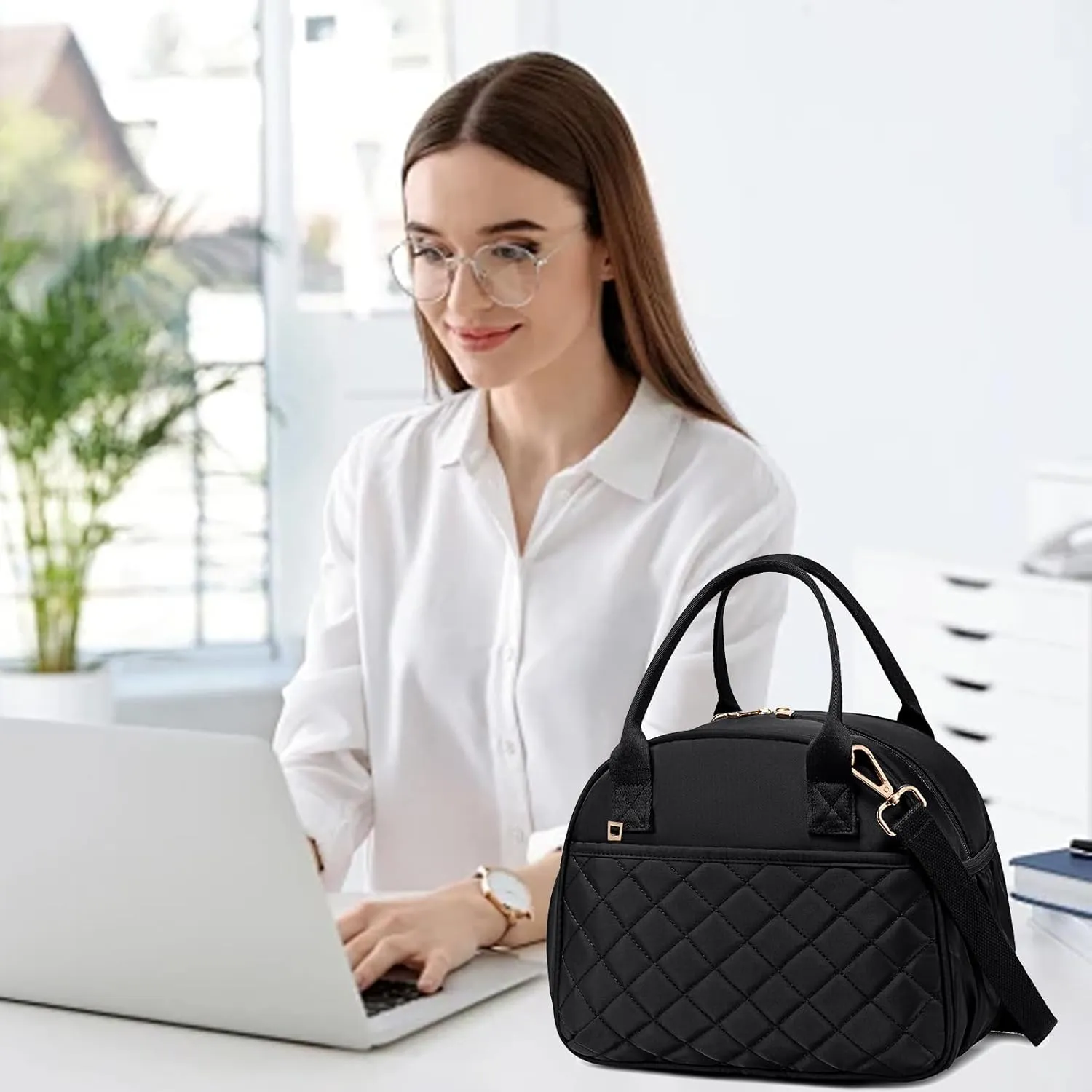 BTOOP Lunch Box for Women Men Insulated Lunch Bag Quilted Lunchbox Cute Adult Lunch Tote with Adjustable Shoulder Strap Reusable Lunch Bags Water Resistant for Travel Work Picnic (Black)