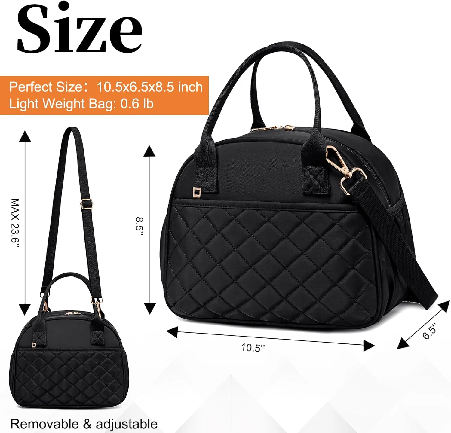 BTOOP Lunch Box for Women Men Insulated Lunch Bag Quilted Lunchbox Cute Adult Lunch Tote with Adjustable Shoulder Strap Reusable Lunch Bags Water Resistant for Travel Work Picnic (Black)