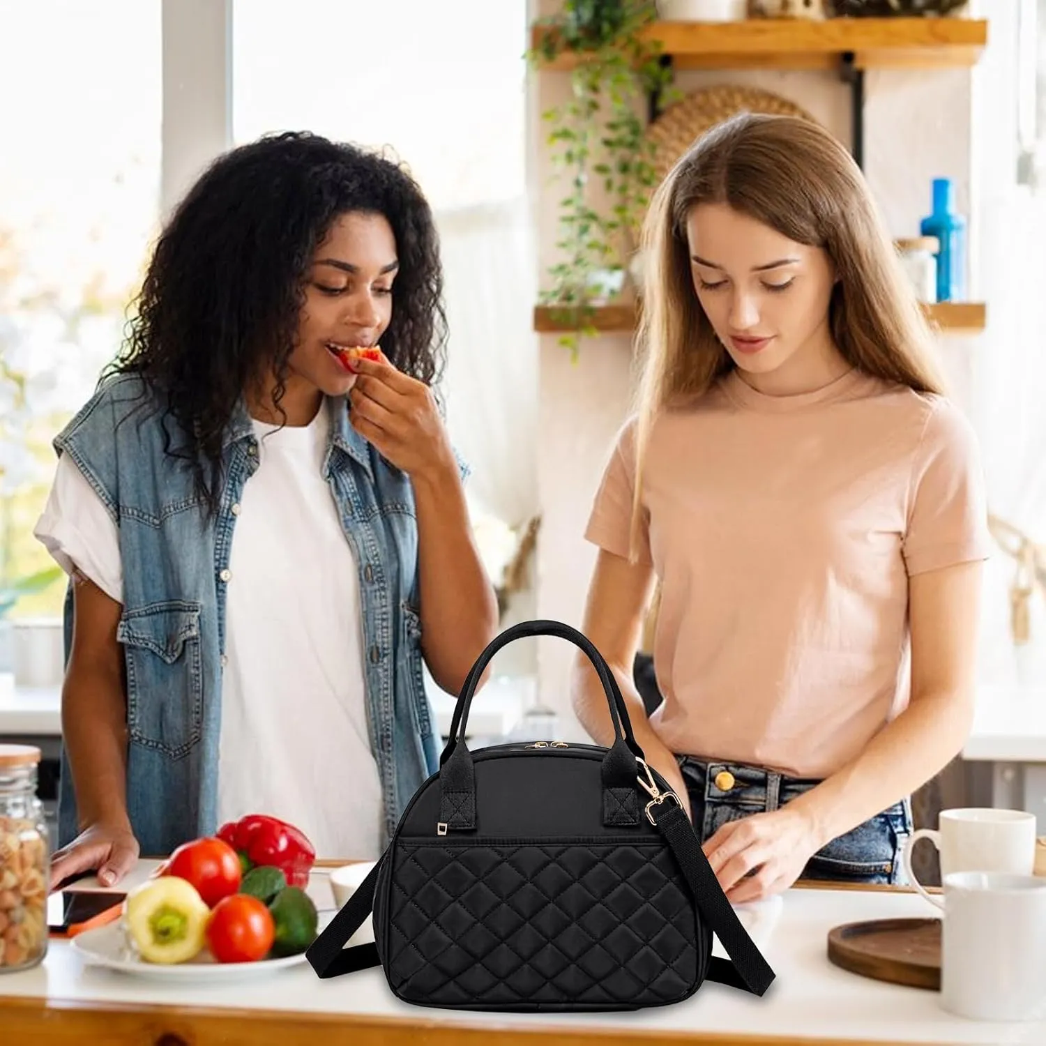BTOOP Lunch Box for Women Men Insulated Lunch Bag Quilted Lunchbox Cute Adult Lunch Tote with Adjustable Shoulder Strap Reusable Lunch Bags Water Resistant for Travel Work Picnic (Black)