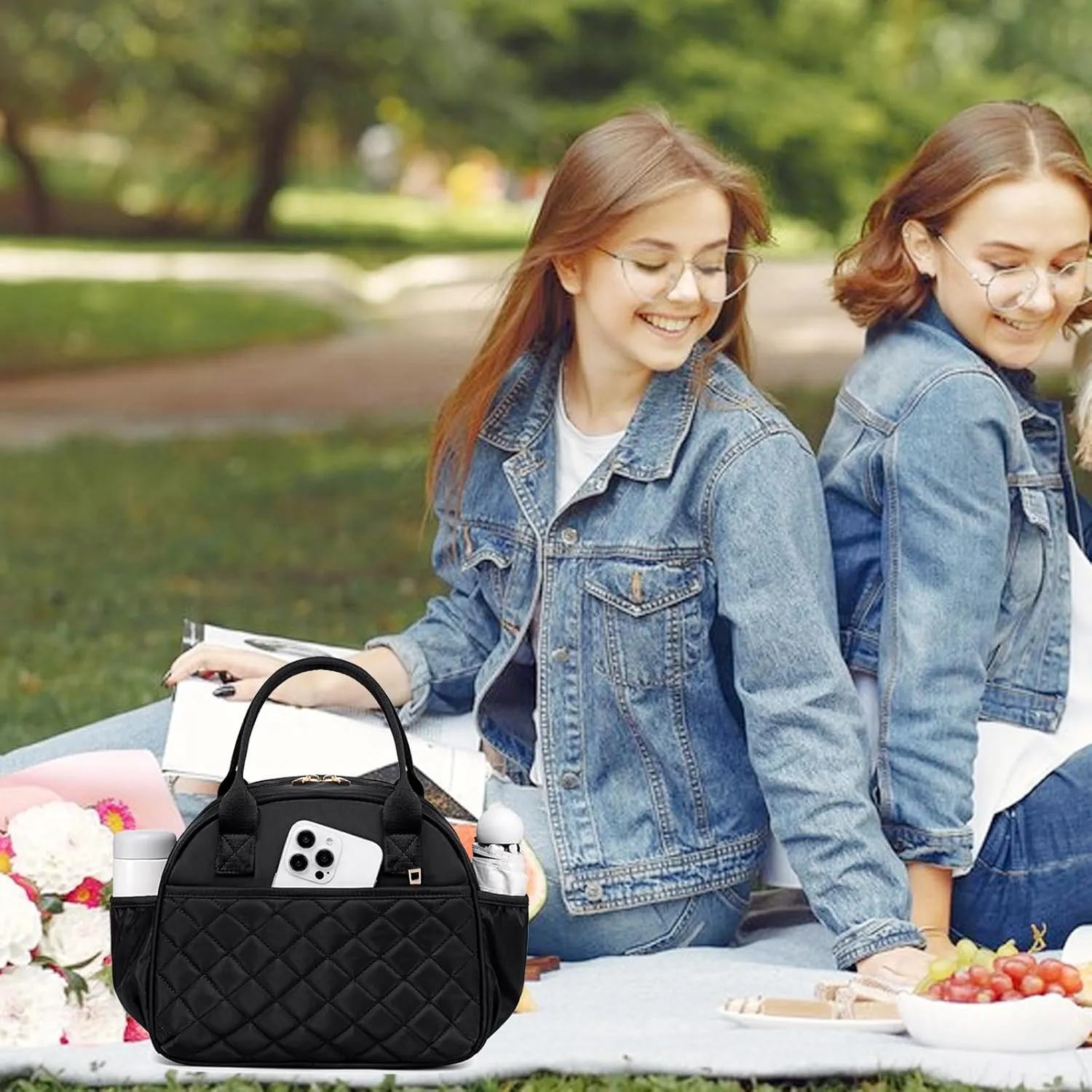 BTOOP Lunch Box for Women Men Insulated Lunch Bag Quilted Lunchbox Cute Adult Lunch Tote with Adjustable Shoulder Strap Reusable Lunch Bags Water Resistant for Travel Work Picnic (Black)