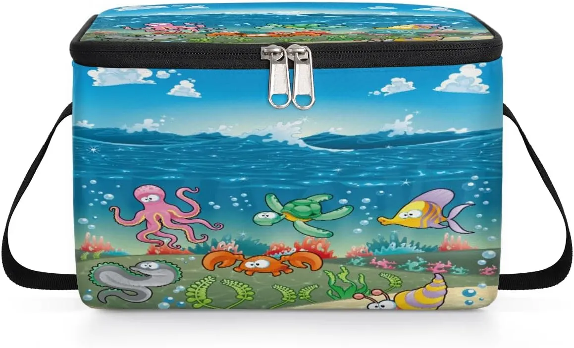 Budxapjw Cartoon Octopus Womens Lunch Bag with Shoulder Strap Underwater Animals Reusable Men Sports Insulated Lunch Box Leakproof Cooler Tote Bag for Office Picnic Hiking Beach