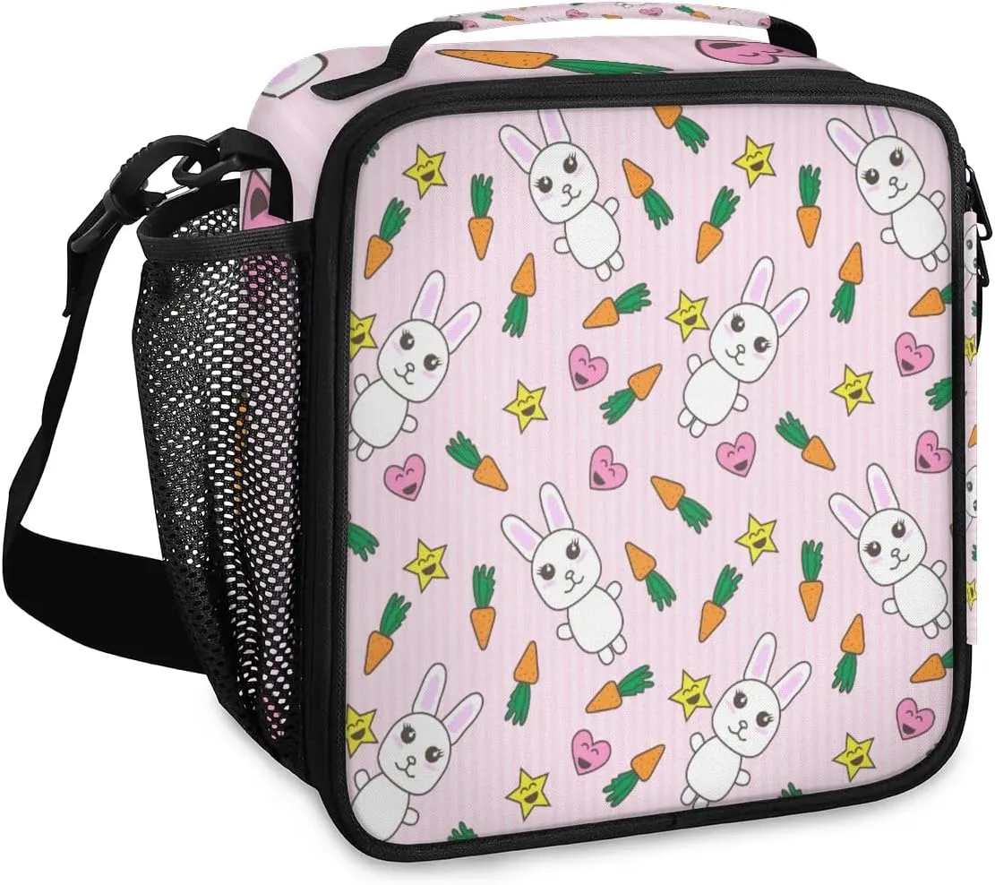 Budxapjw Cartoon Rabbit Insulated Lunch Bag with Shoulder Strap Carrot Pattern Reusable Cooler Square Tote Lunch Bag for Women Men Office Work Travel Picnic Camping