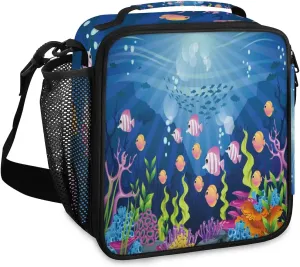Budxapjw Cute Fish Insulated Lunch Bag with Shoulder Strap Underwater World Reusable Cooler Square Tote Lunch Bag for Women Men Office Work Travel Picnic Camping