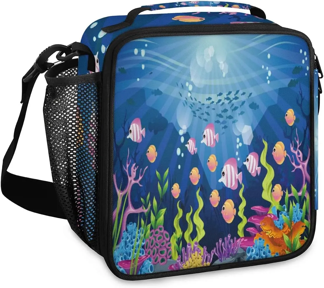Budxapjw Cute Fish Insulated Lunch Bag with Shoulder Strap Underwater World Reusable Cooler Square Tote Lunch Bag for Women Men Office Work Travel Picnic Camping
