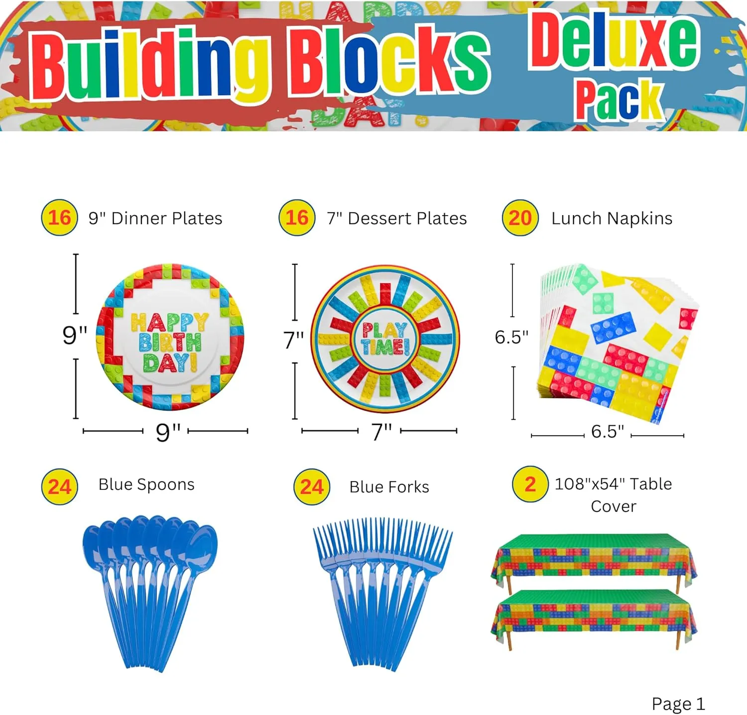 Building Block Deluxe Party Supplies Pack (137 Pieces for 16 Guests) - Brick Party Supplies, Gamer Birthday Decorations, Gamer Party Supplies , Blocks Party Decor, Brick Birthday, Blue Orchards