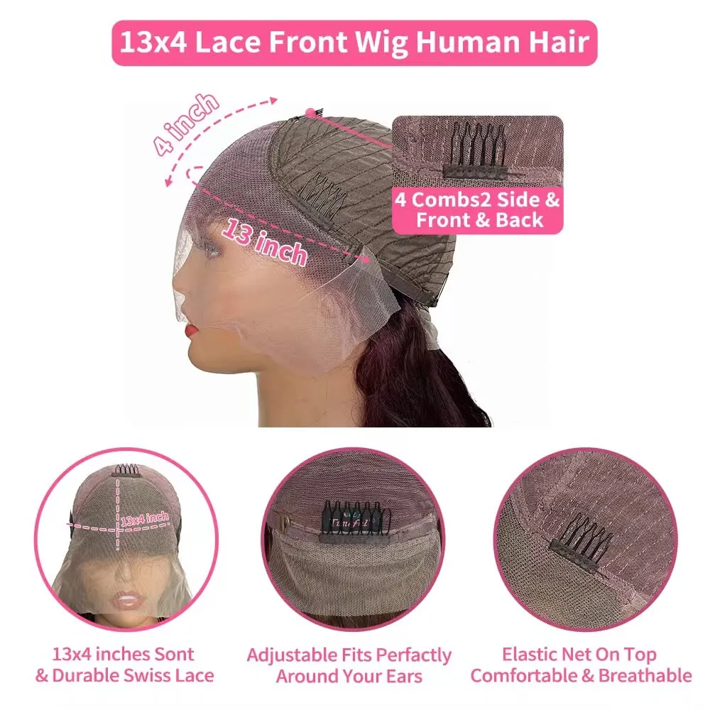 Burgundy Body Wave Lace Front Wigs Human Hair 180% Density Wine Red Color Wigs for Women Free Part 13x4 Hd Transparent Lace Front Glueless Wigs Pre Plucked with Baby Hair Colored Wigs (22inch)