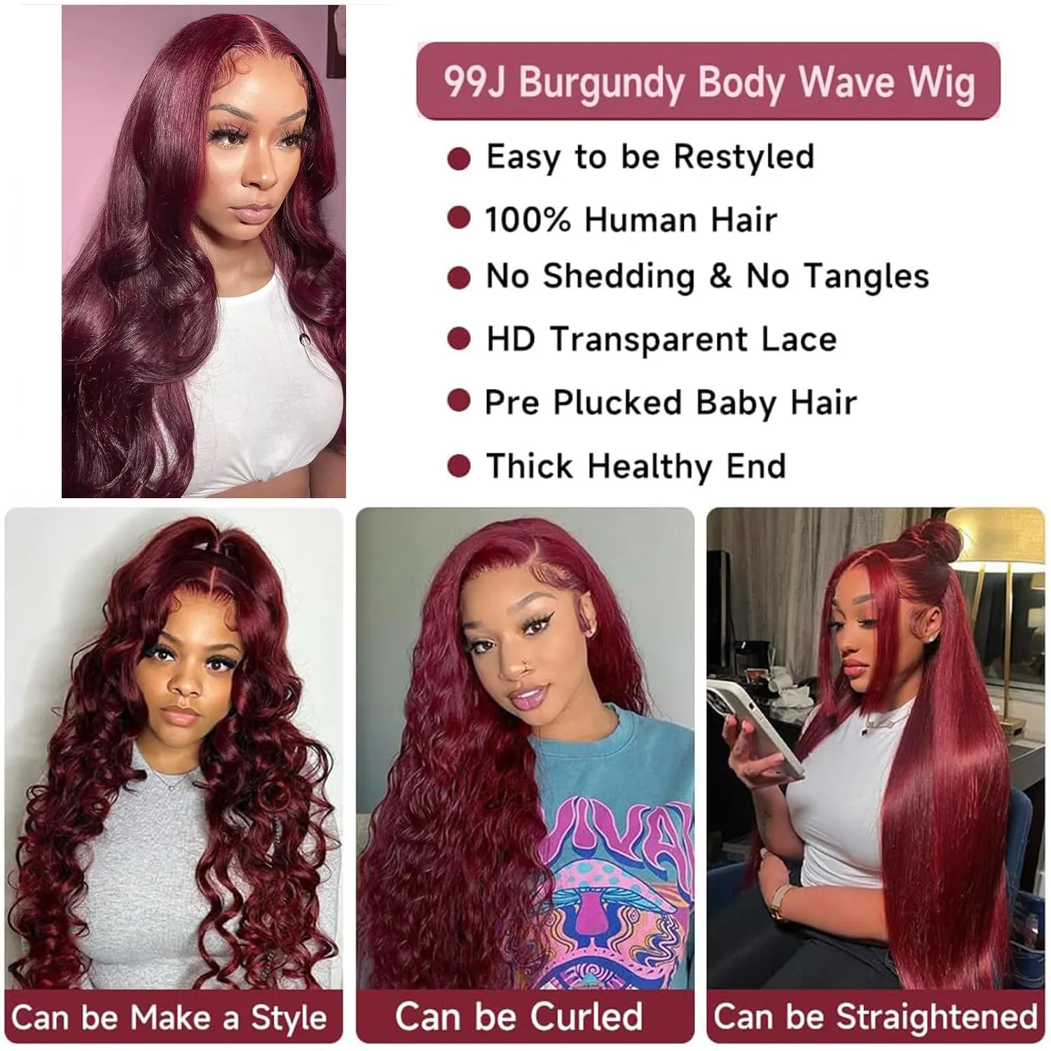 Burgundy Body Wave Lace Front Wigs Human Hair 180% Density Wine Red Color Wigs for Women Free Part 13x4 Hd Transparent Lace Front Glueless Wigs Pre Plucked with Baby Hair Colored Wigs (22inch)