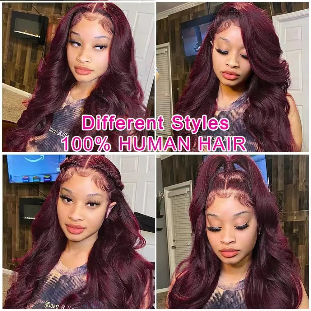 Burgundy Body Wave Lace Front Wigs Human Hair 180% Density Wine Red Color Wigs for Women Free Part 13x4 Hd Transparent Lace Front Glueless Wigs Pre Plucked with Baby Hair Colored Wigs (22inch)
