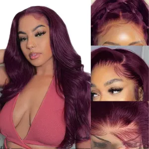 Burgundy Body Wave Lace Front Wigs Human Hair 180% Density Wine Red Color Wigs for Women Free Part 13x4 Hd Transparent Lace Front Glueless Wigs Pre Plucked with Baby Hair Colored Wigs (22inch)