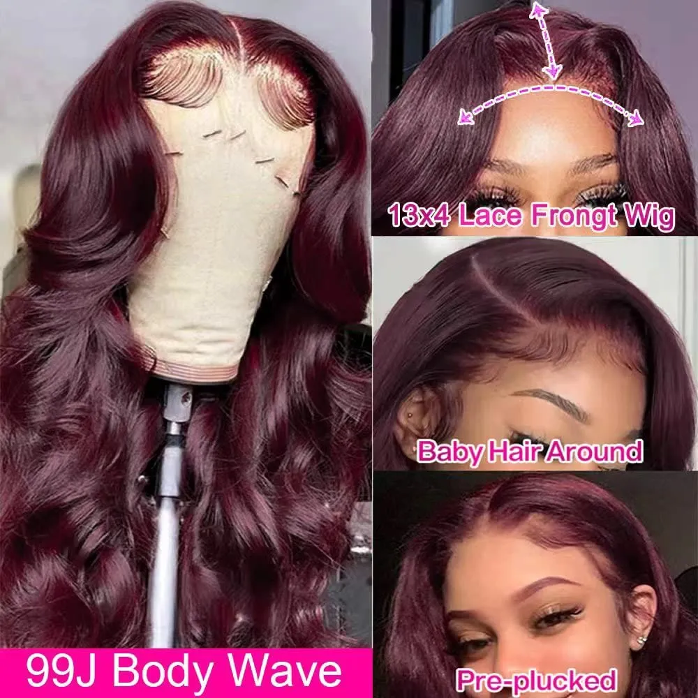 Burgundy Body Wave Lace Front Wigs Human Hair 180% Density Wine Red Color Wigs for Women Free Part 13x4 Hd Transparent Lace Front Glueless Wigs Pre Plucked with Baby Hair Colored Wigs (22inch)