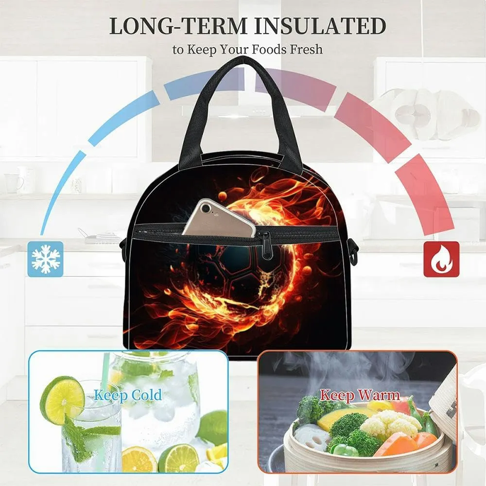 Burning flying soccer ball fire sparks a dark Generative Insulated Adult Lunch Bag with Shoulder Strap for Women Lightweight Reusable Portable Freezable Lunch Tote Bag for Work Picnic