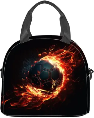Burning flying soccer ball fire sparks a dark Generative Insulated Adult Lunch Bag with Shoulder Strap for Women Lightweight Reusable Portable Freezable Lunch Tote Bag for Work Picnic