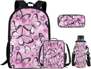 Butterfly Flower Backpack for Girls 4PCS Backpack Set with Lunch Box Pencil Case and Water Bottle Holder Novelty Bookbags for Children Teens Lightweight Backpack 4 in 1 Set for School
