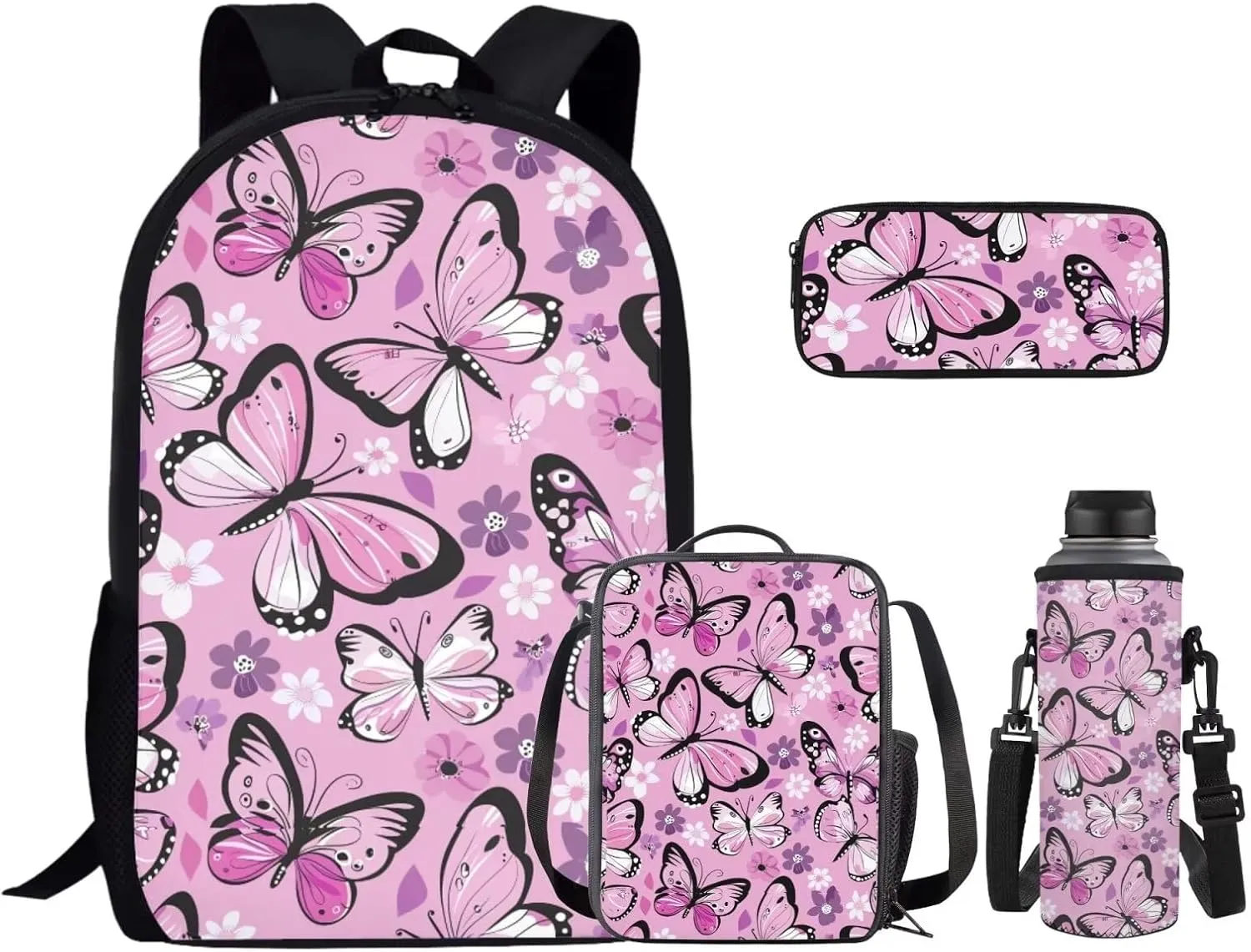 Butterfly Flower Backpack for Girls 4PCS Backpack Set with Lunch Box Pencil Case and Water Bottle Holder Novelty Bookbags for Children Teens Lightweight Backpack 4 in 1 Set for School