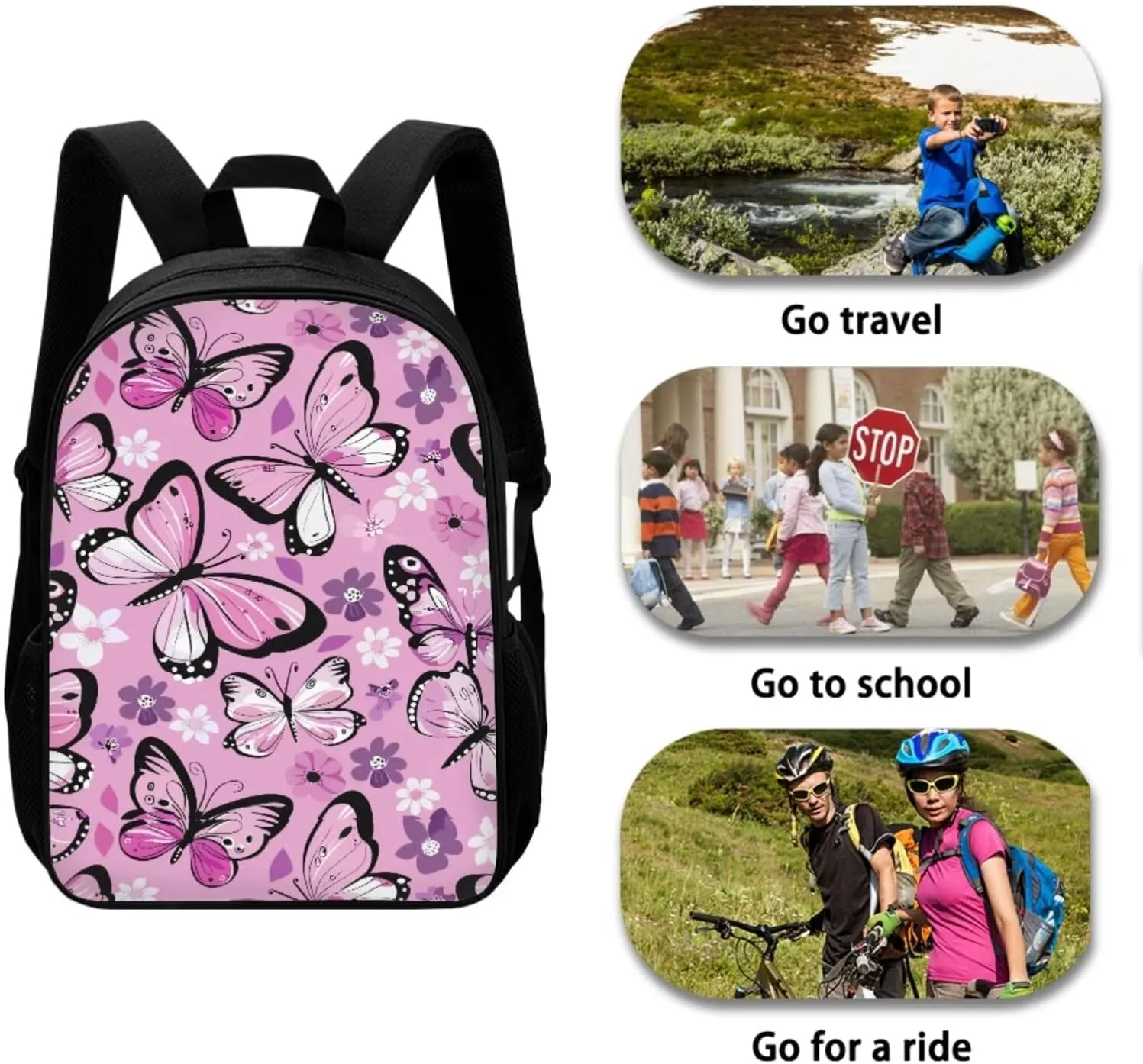 Butterfly Flower Backpack for Girls 4PCS Backpack Set with Lunch Box Pencil Case and Water Bottle Holder Novelty Bookbags for Children Teens Lightweight Backpack 4 in 1 Set for School