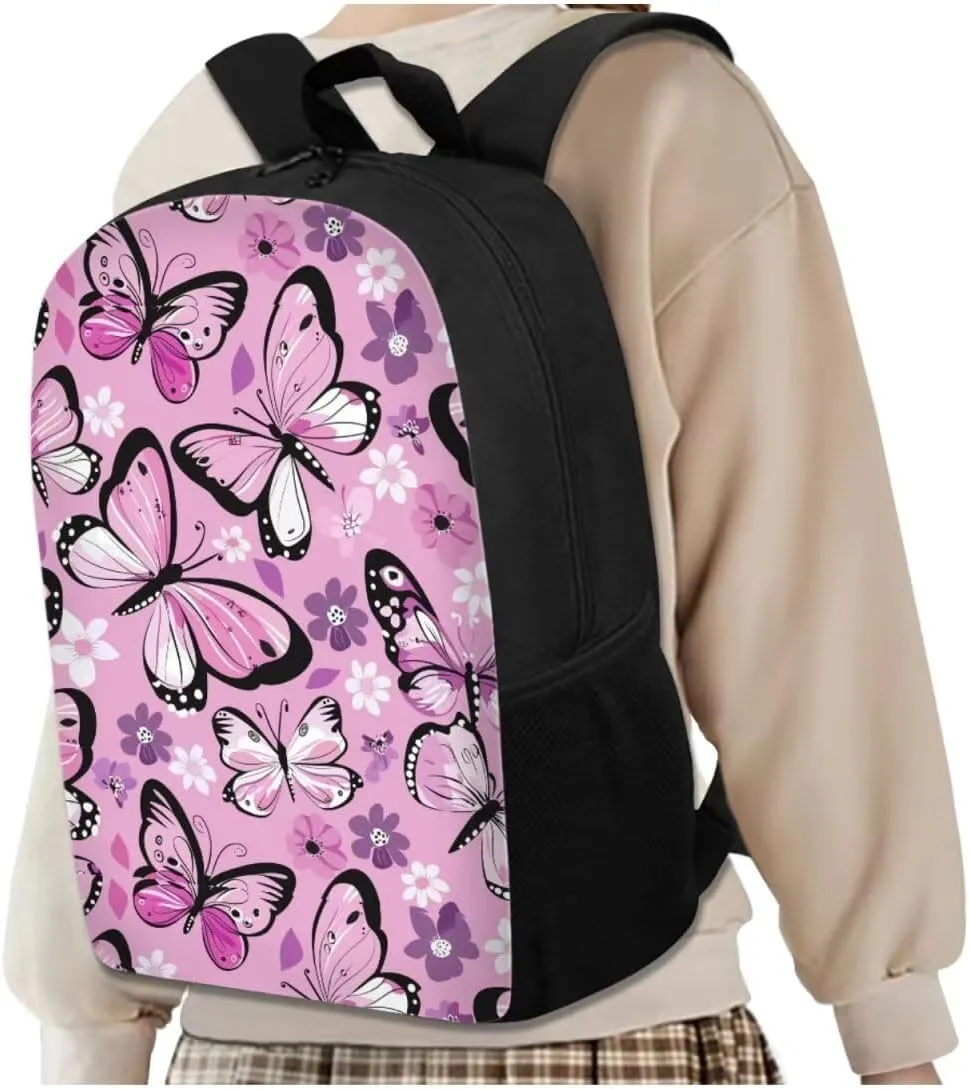 Butterfly Flower Backpack for Girls 4PCS Backpack Set with Lunch Box Pencil Case and Water Bottle Holder Novelty Bookbags for Children Teens Lightweight Backpack 4 in 1 Set for School