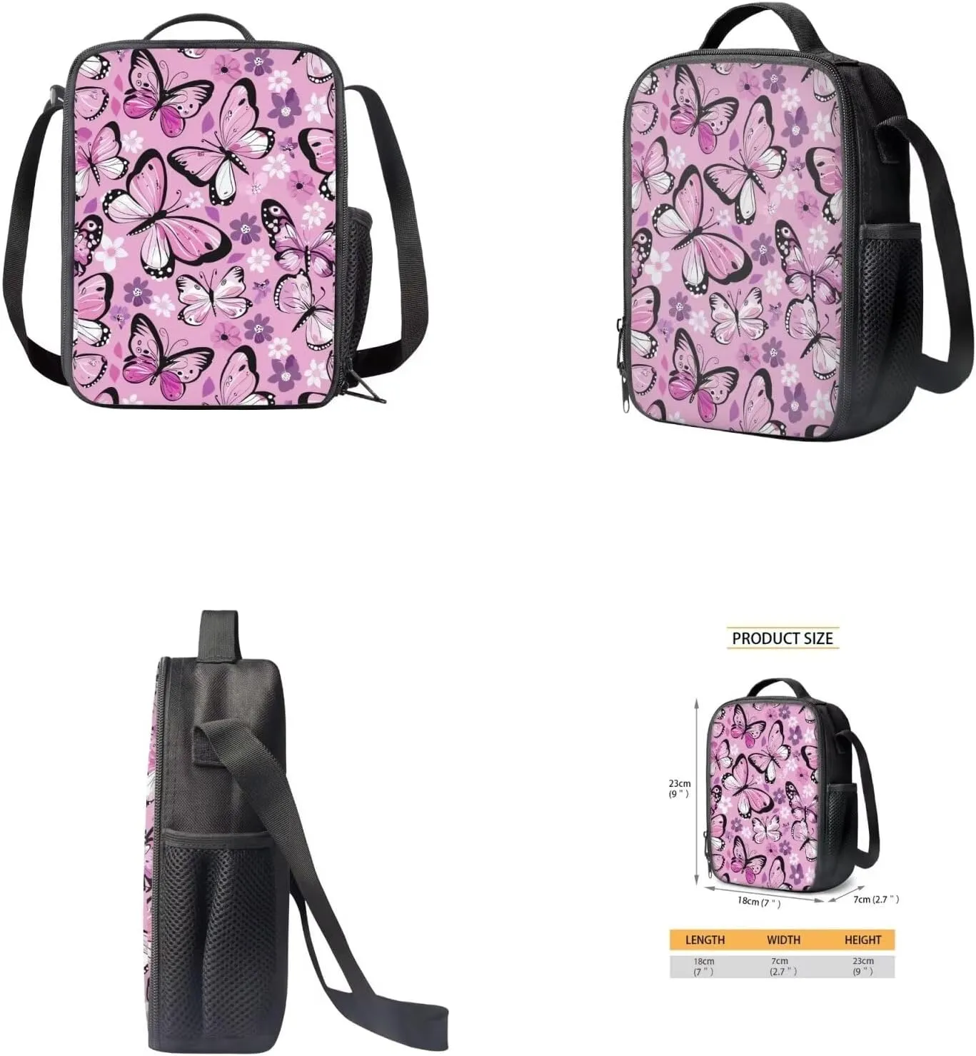 Butterfly Flower Backpack for Girls 4PCS Backpack Set with Lunch Box Pencil Case and Water Bottle Holder Novelty Bookbags for Children Teens Lightweight Backpack 4 in 1 Set for School