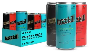 Buzzkill Wine Non-Alcoholic Variety 12 Pack – Sauvignon Blanc, Blanc de Blanc, Cabernet Sauvignon - Dealcoholized, Low Sugar, Gluten-Free (8.4 fl oz each)