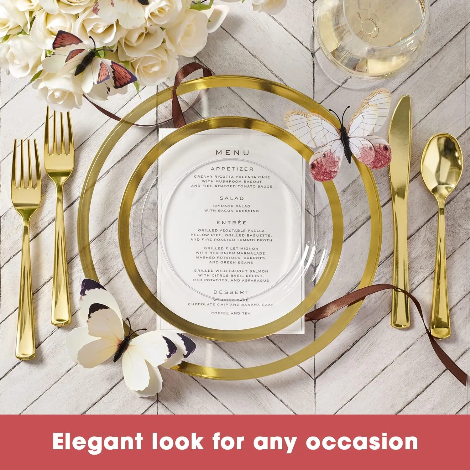 By Madee HEAVYWEIGHT 100 Pcs Clear and Gold Plastic Plates for Party | 50 Dinner & 50 Dessert Plates | High End for Wedding, Showers or Any other Special Occasion (50 Guests)