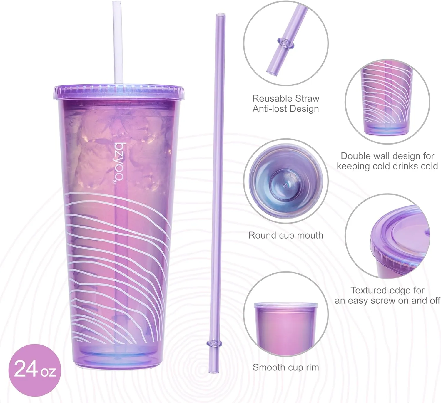 bzyoo SIP 24oz (710ml) Double Wall Plastic Tumbler with Lid and Straw Cold Drink Travel Mug Reusable Ice Coffee Tea Cup Perfect for Office Poolside Parties Gifts Color: Pearl Purple