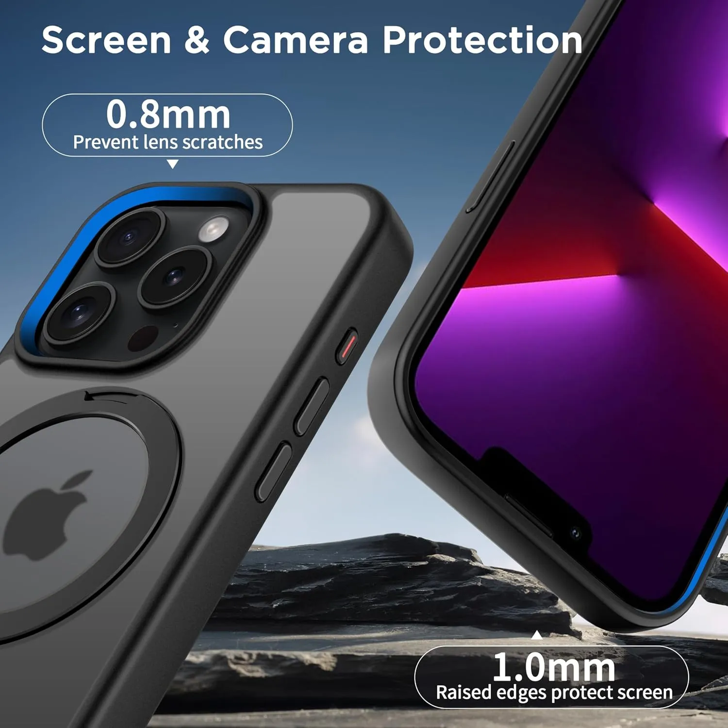 CACOE Magnetic Case for iPhone 13 Pro 6.1 inch with 360 Rotatable Ring Stand, Compatible with MagSafe Car Phone Mount, Cases Cover Phone Holder for Desk Meeting/Videos（Matte Black）