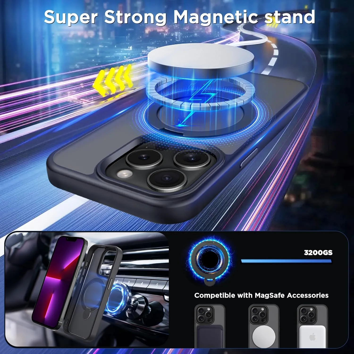 CACOE Magnetic Case for iPhone 13 Pro 6.1 inch with 360 Rotatable Ring Stand, Compatible with MagSafe Car Phone Mount, Cases Cover Phone Holder for Desk Meeting/Videos（Matte Black）