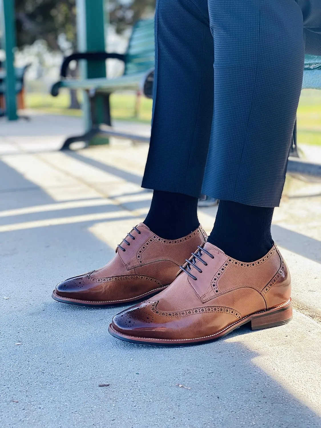 CALTO Men's Invisible Height Increasing Elevator Shoes - Brown Premium Leather Wing-tip Lace-up Formal Oxfords - 3 Inches Taller - Y10652 - Size 9 D(M) US