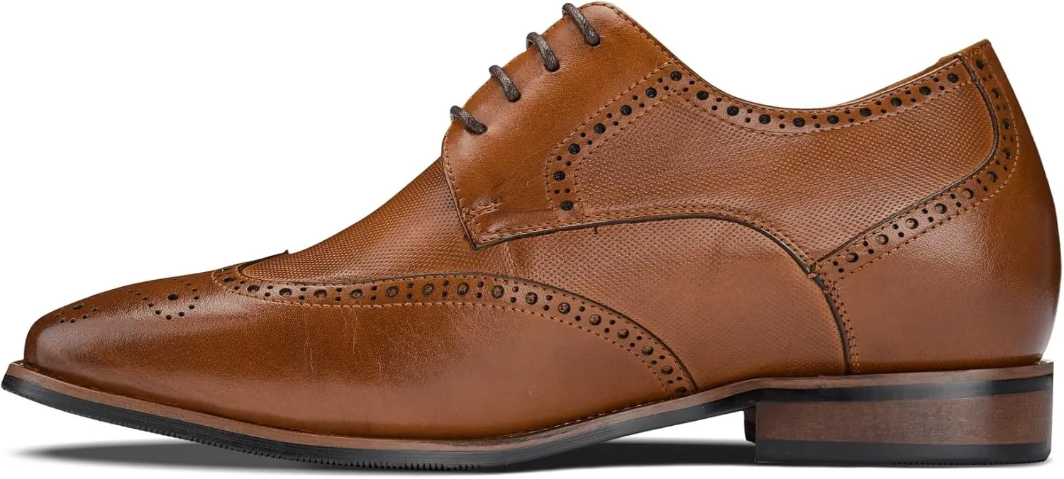 CALTO Men's Invisible Height Increasing Elevator Shoes - Brown Premium Leather Wing-tip Lace-up Formal Oxfords - 3 Inches Taller - Y10652 - Size 9 D(M) US