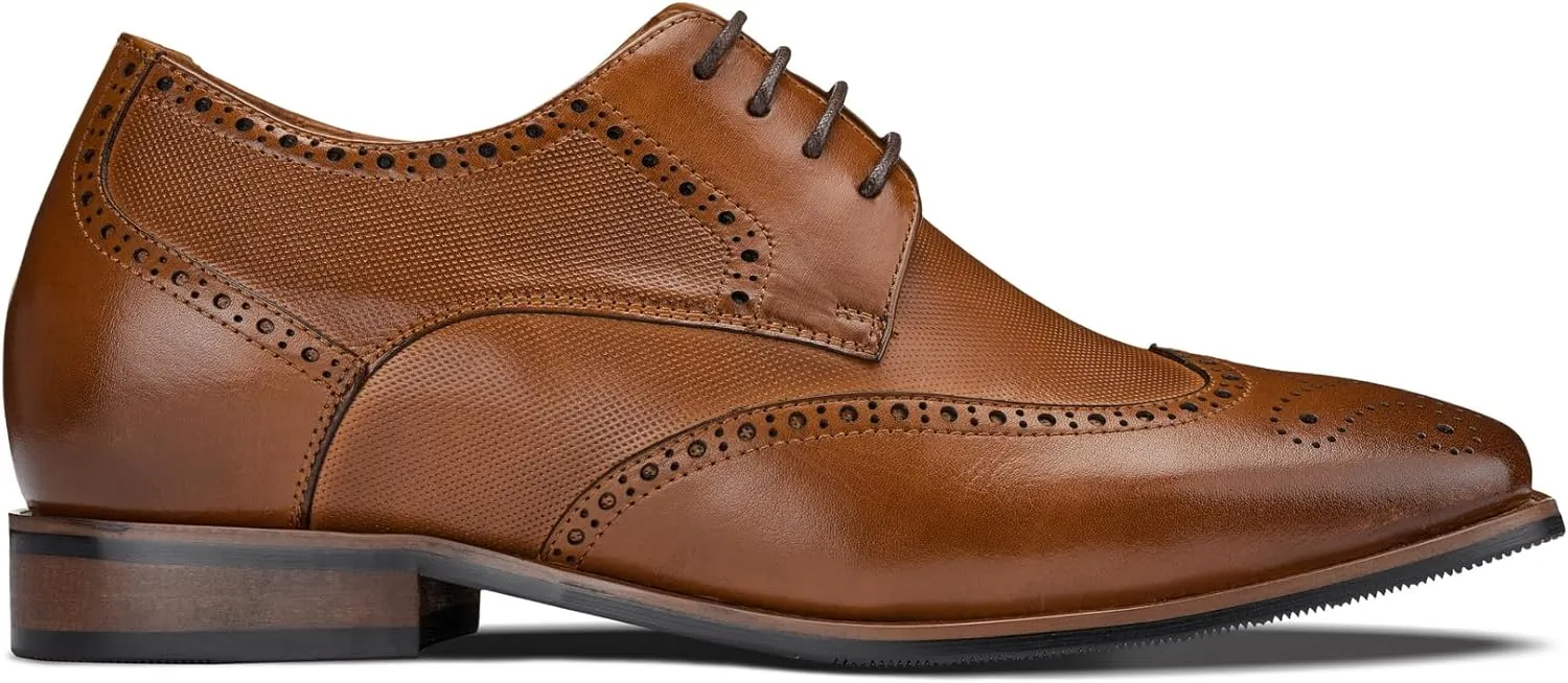 CALTO Men's Invisible Height Increasing Elevator Shoes - Brown Premium Leather Wing-tip Lace-up Formal Oxfords - 3 Inches Taller - Y10652 - Size 9 D(M) US