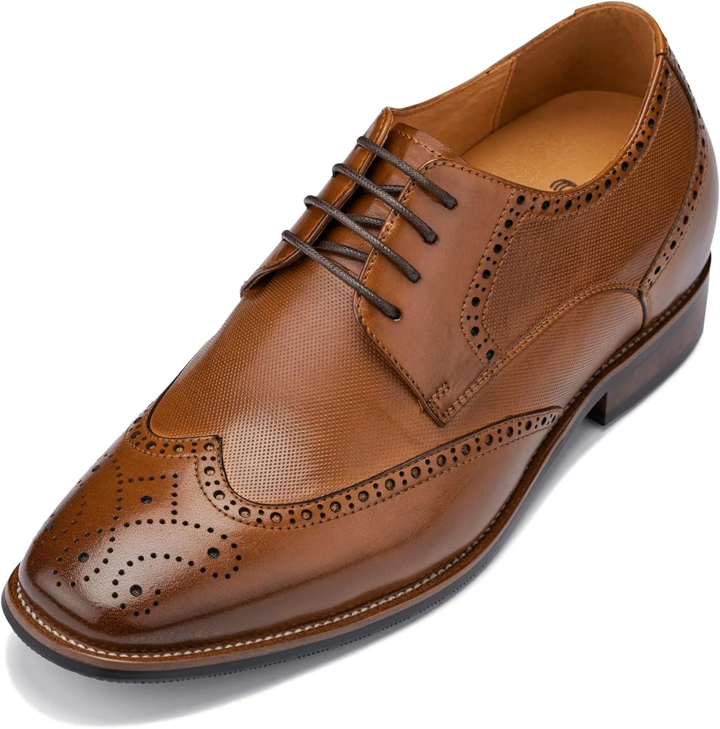 CALTO Men's Invisible Height Increasing Elevator Shoes - Brown Premium Leather Wing-tip Lace-up Formal Oxfords - 3 Inches Taller - Y10652 - Size 9 D(M) US