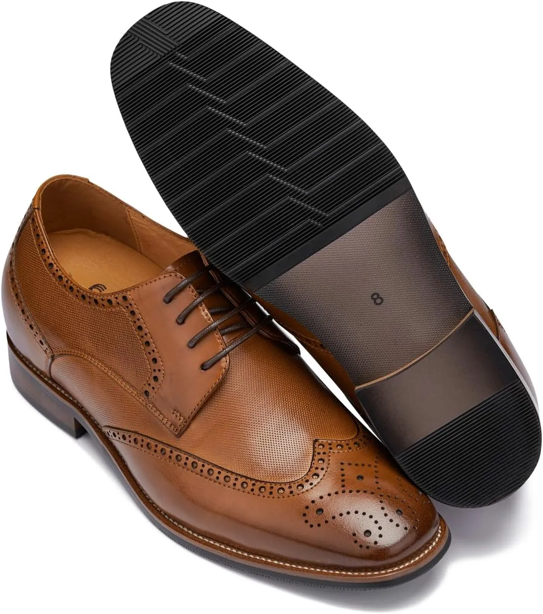 CALTO Men's Invisible Height Increasing Elevator Shoes - Brown Premium Leather Wing-tip Lace-up Formal Oxfords - 3 Inches Taller - Y10652 - Size 9 D(M) US