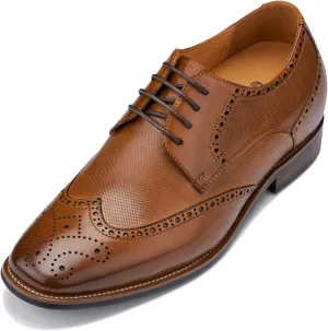 CALTO Men's Invisible Height Increasing Elevator Shoes - Brown Premium Leather Wing-tip Lace-up Formal Oxfords - 3 Inches Taller - Y10652 - Size 9 D(M) US