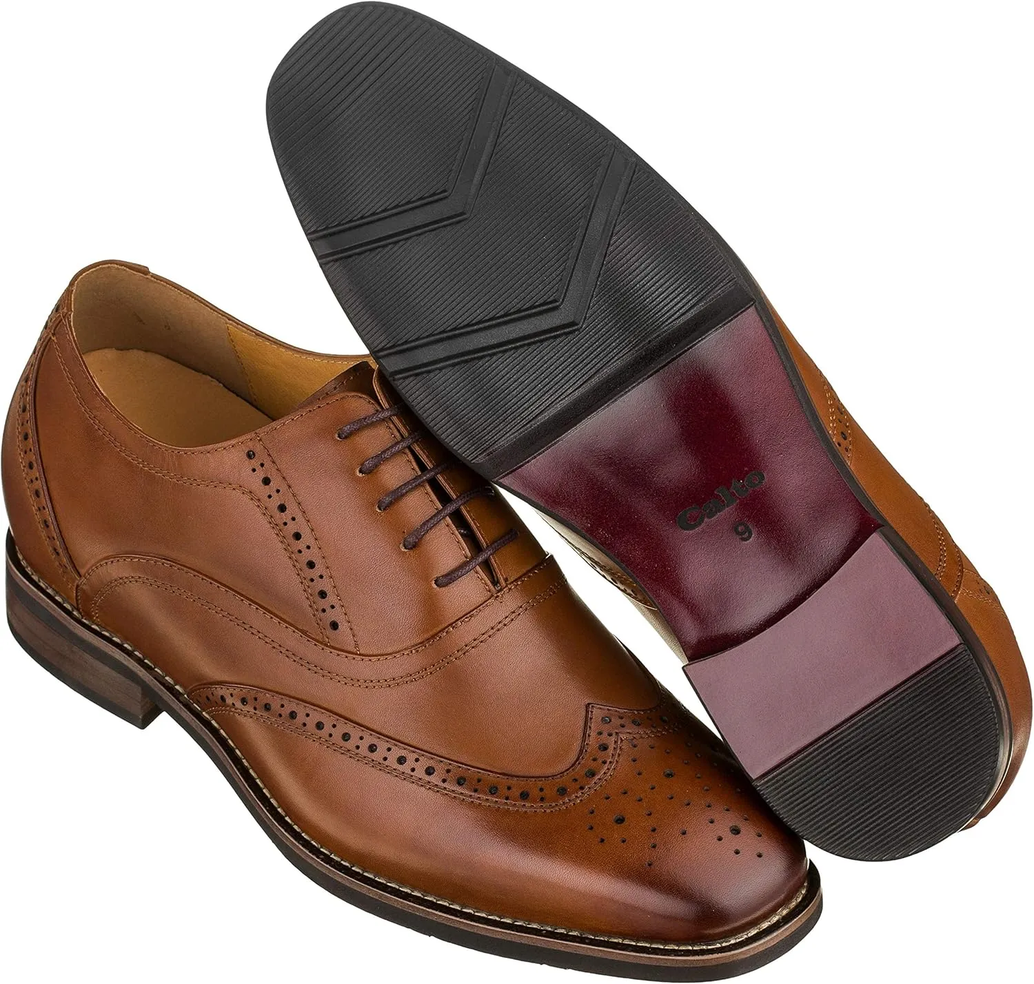 CALTO Men's Invisible Height Increasing Elevator Shoes - Dark Brown Leather Lace-up Brogue Wing-tip Oxfords - 2.6 Inches Taller - G60101 - Size 7.5 D(M) US