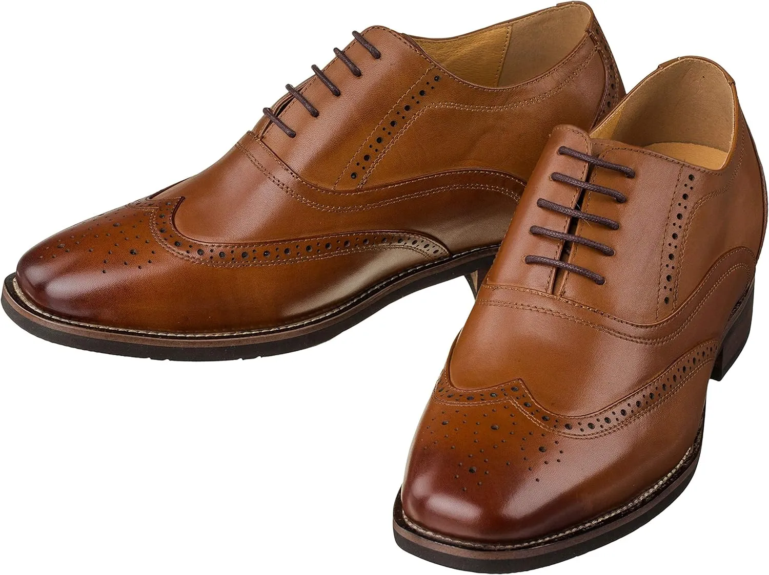 CALTO Men's Invisible Height Increasing Elevator Shoes - Dark Brown Leather Lace-up Brogue Wing-tip Oxfords - 2.6 Inches Taller - G60101 - Size 7.5 D(M) US