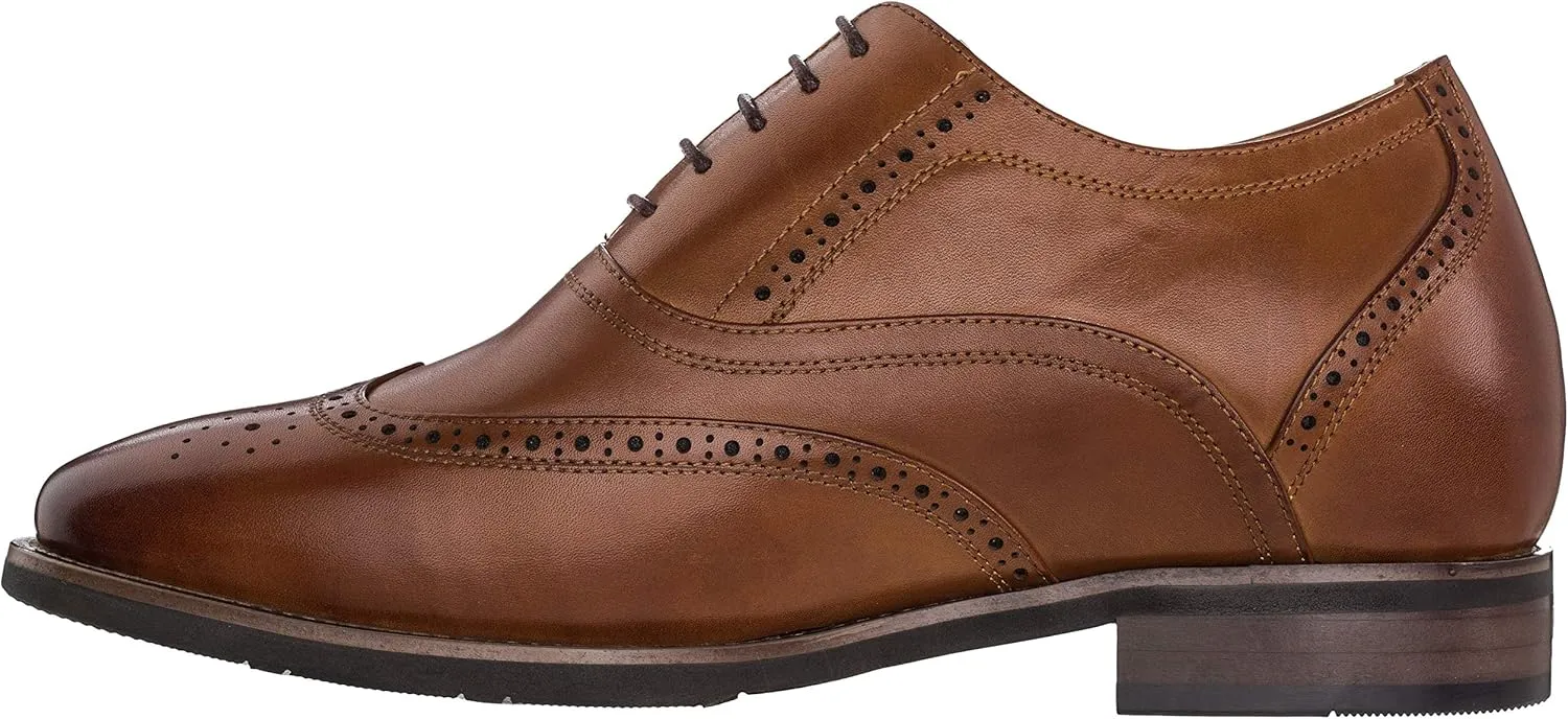 CALTO Men's Invisible Height Increasing Elevator Shoes - Dark Brown Leather Lace-up Brogue Wing-tip Oxfords - 2.6 Inches Taller - G60101 - Size 7.5 D(M) US