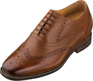 CALTO Men's Invisible Height Increasing Elevator Shoes - Dark Brown Leather Lace-up Brogue Wing-tip Oxfords - 2.6 Inches Taller - G60101 - Size 7.5 D(M) US