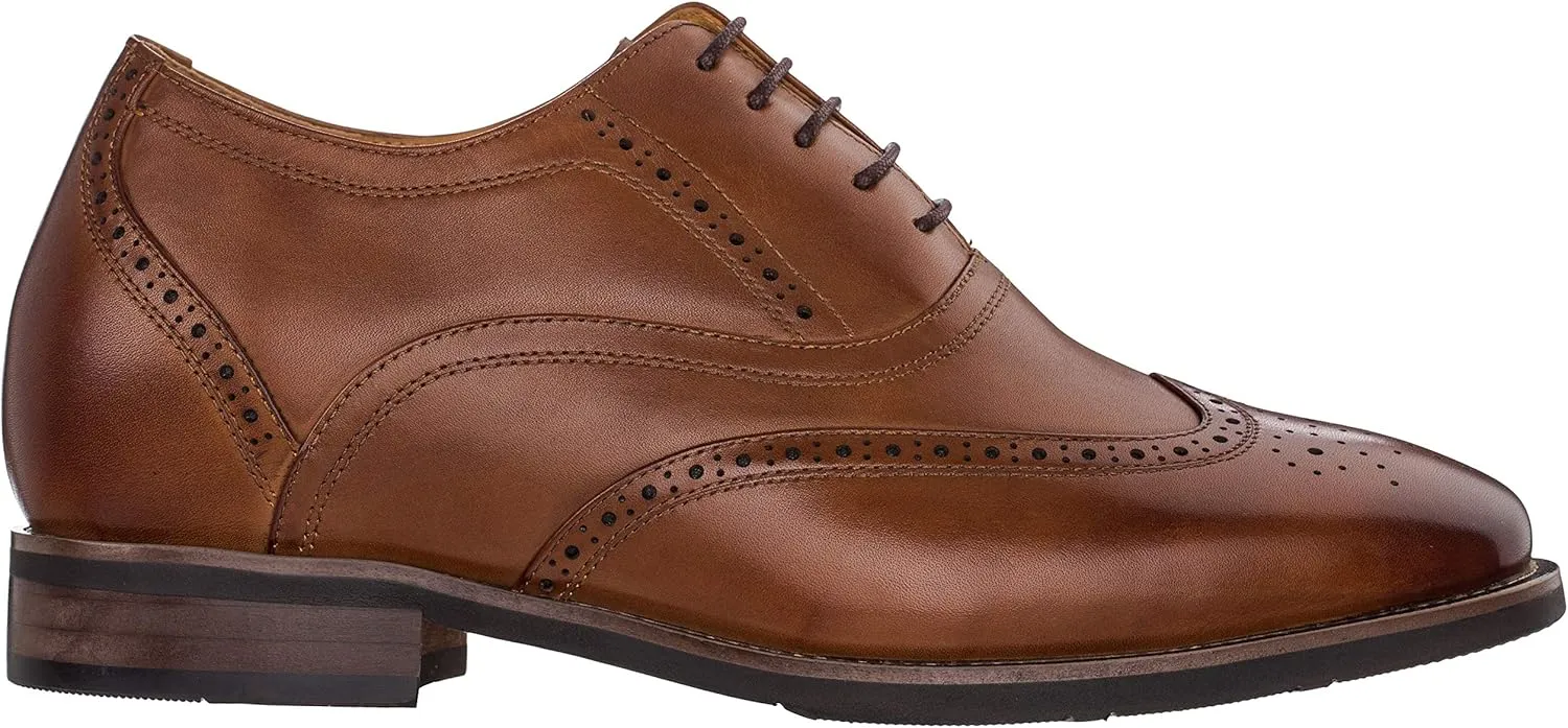 CALTO Men's Invisible Height Increasing Elevator Shoes - Dark Brown Leather Lace-up Brogue Wing-tip Oxfords - 2.6 Inches Taller - G60101 - Size 7.5 D(M) US