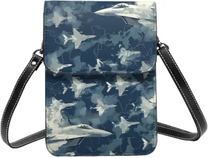 camouflage fighter jets aircraft military dark blue Leather Small Crossbody Bags for Women Cell Phone Bag Wallet Purses with Adjustable Strap