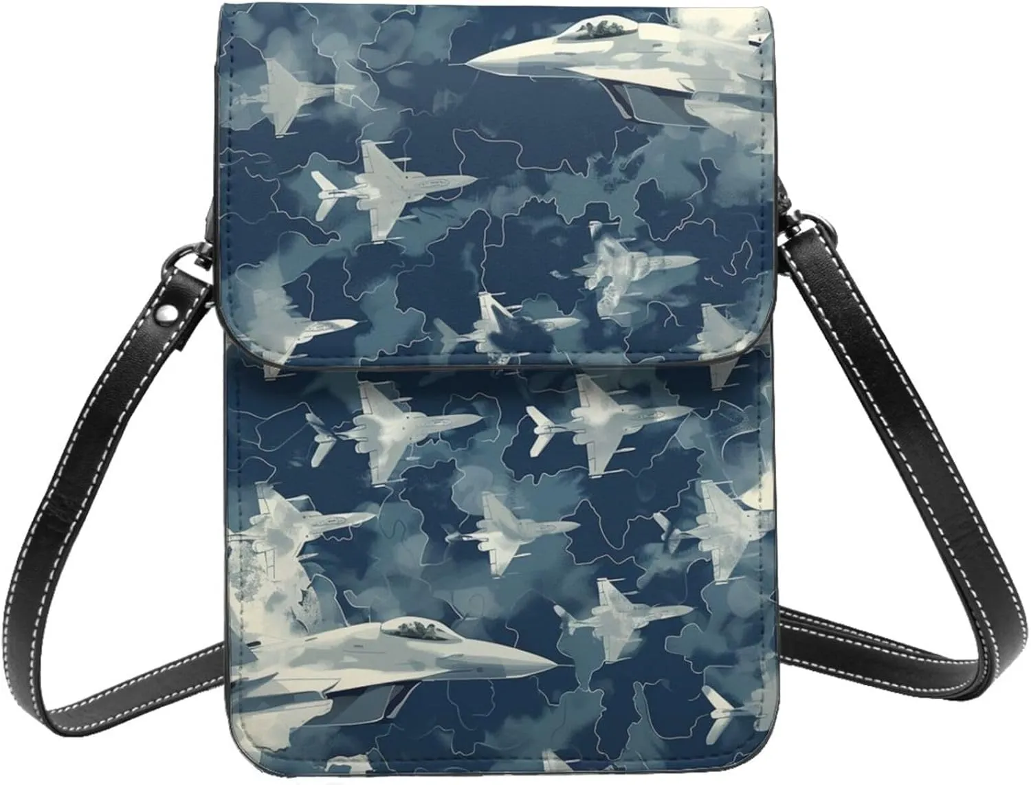 camouflage fighter jets aircraft military dark blue Leather Small Crossbody Bags for Women Cell Phone Bag Wallet Purses with Adjustable Strap