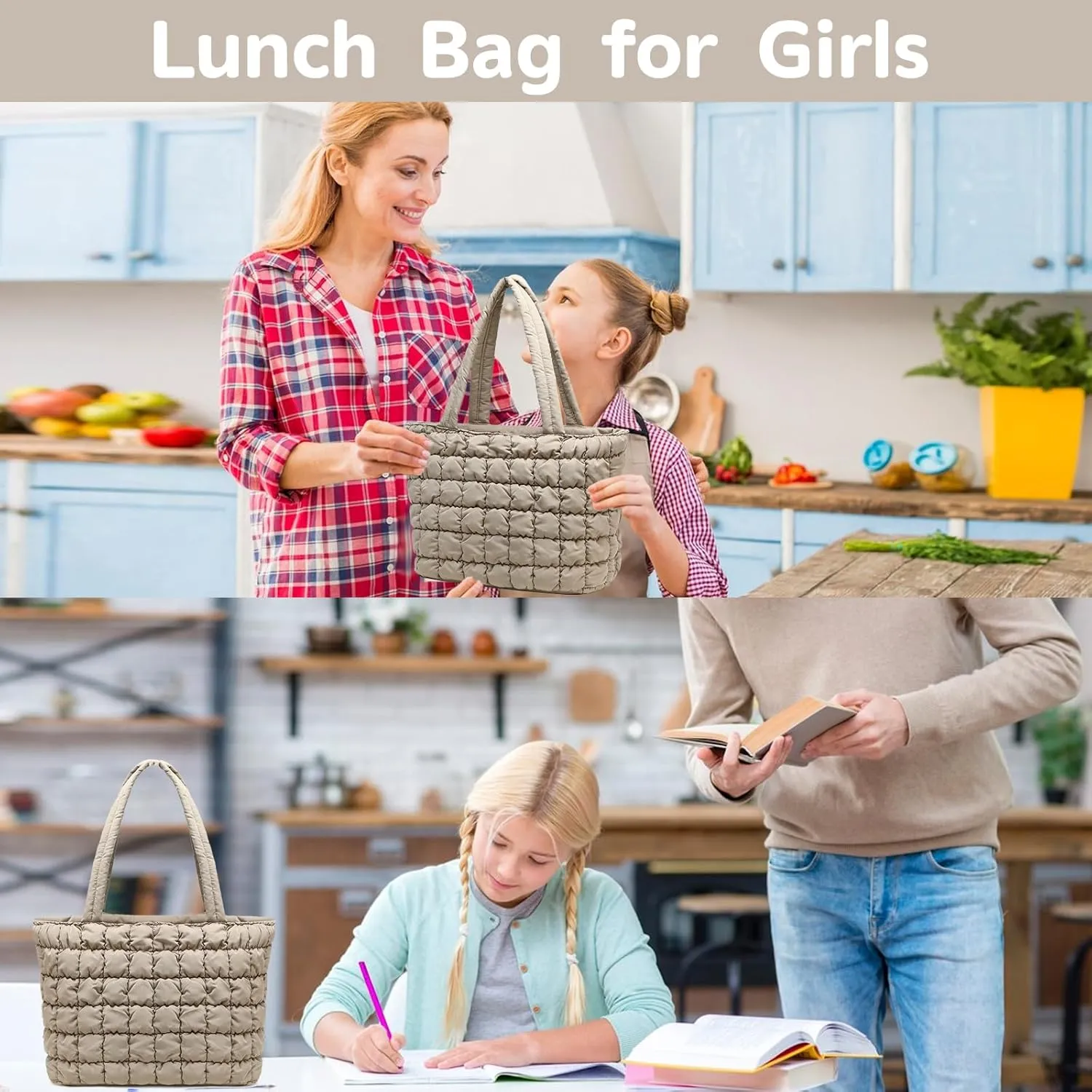 CAMTOP Lunch Box for Women Girls Insulated Cute Lunch Tote Bag Lunchbox Cooler Bag for Work Travel Picnic (Camel Grey)