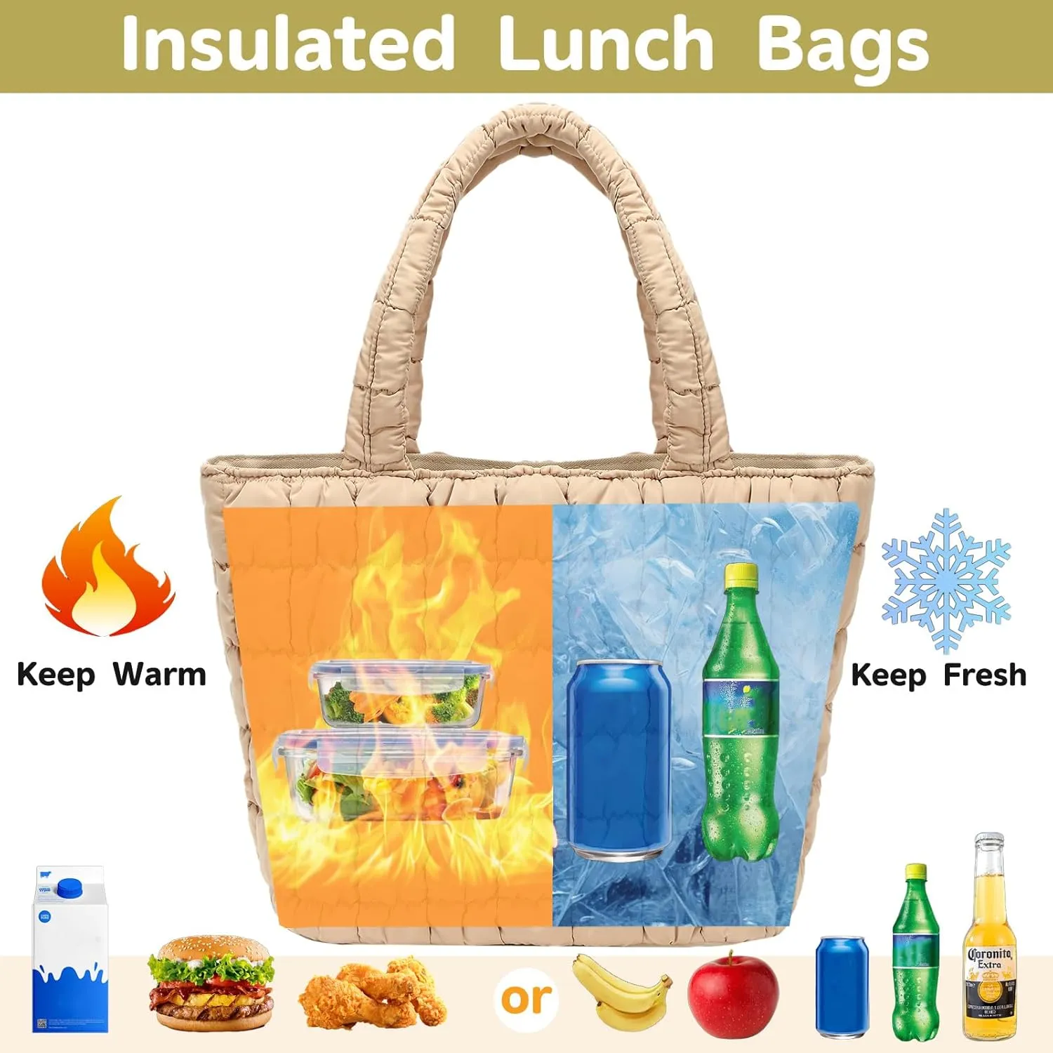 CAMTOP Lunch Box for Women Girls Insulated Cute Lunch Tote Bag Lunchbox Cooler Bag for Work Travel Picnic (Khaki)