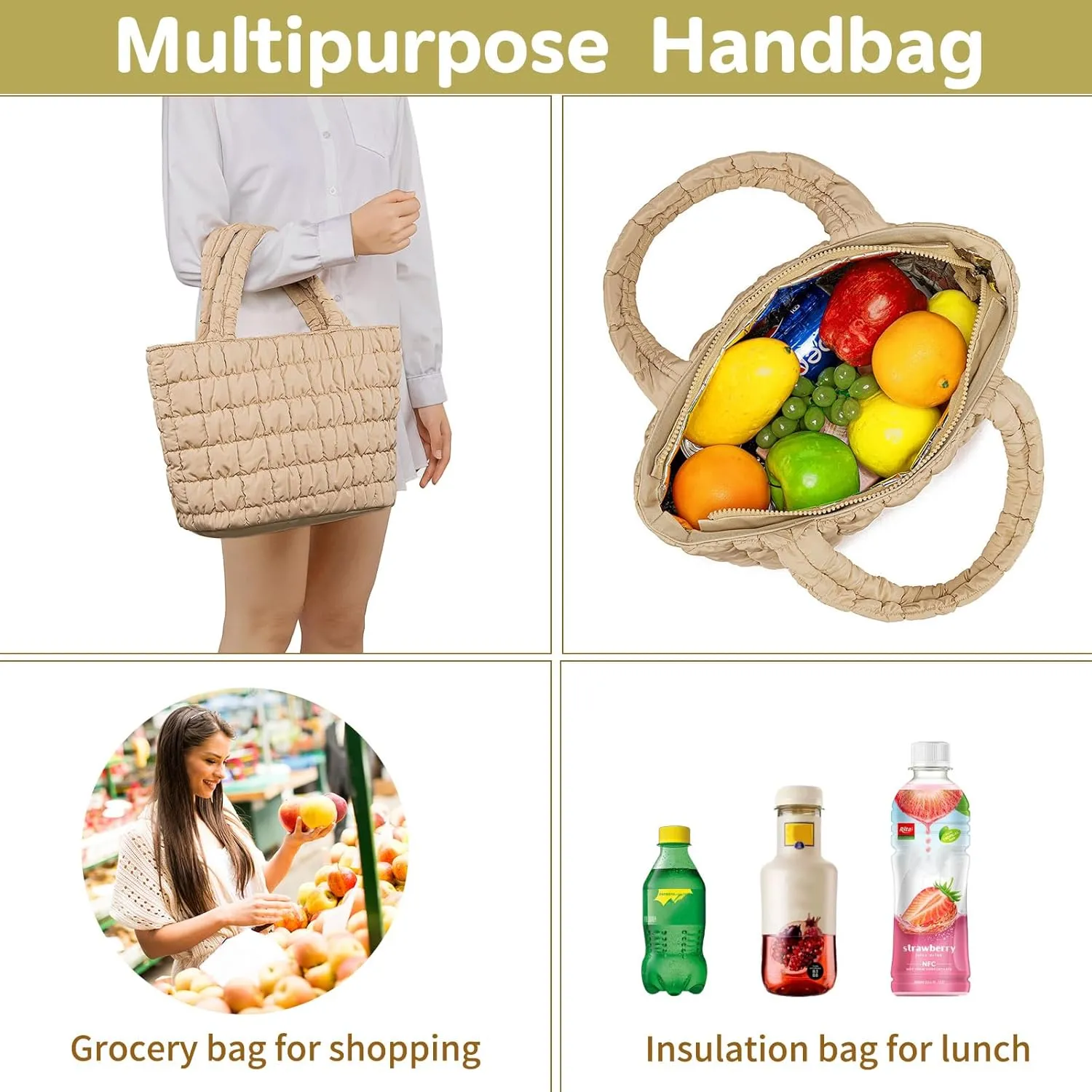 CAMTOP Lunch Box for Women Girls Insulated Cute Lunch Tote Bag Lunchbox Cooler Bag for Work Travel Picnic (Khaki)