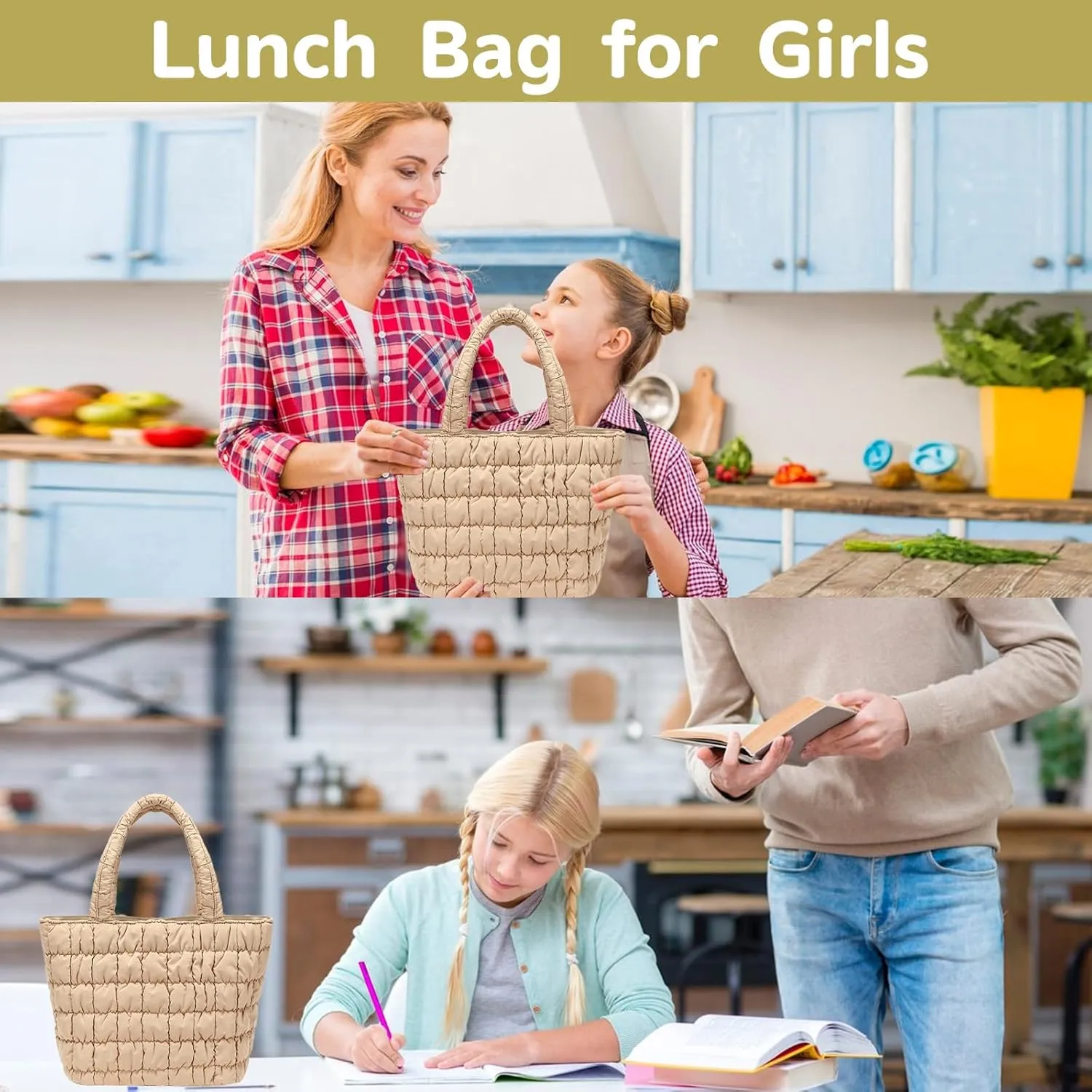 CAMTOP Lunch Box for Women Girls Insulated Cute Lunch Tote Bag Lunchbox Cooler Bag for Work Travel Picnic (Khaki)