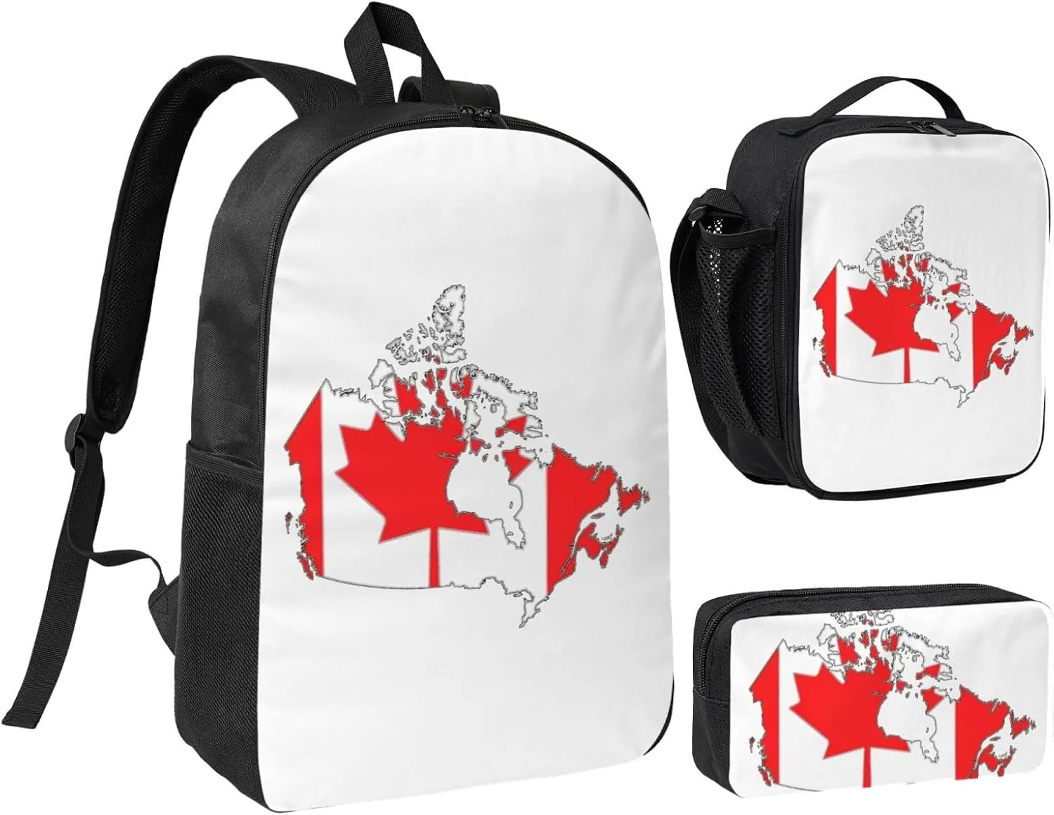 Canadian Flag Map print Backpack Set Casual Shoulder Bag Lunch Bag Pen Pouch 3 in 1 Set 17inch for Women Men College