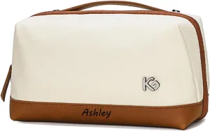 Canvas Toiletry Bag for Women, Personalized Leather Cosmetic Makeup Bag Organizer with Leather Handle, Travel Bag for Toiletries, Dopp Kit Water-resistant Shaving Bag for Accessories