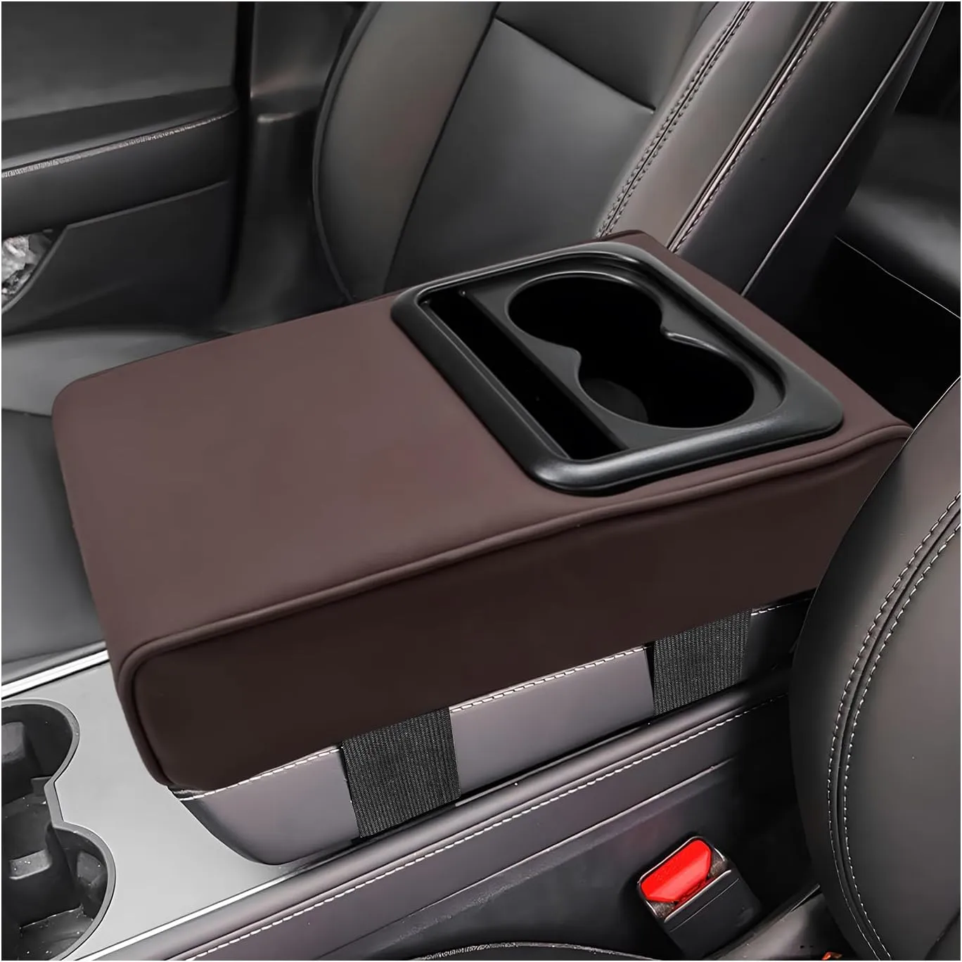 Car Center Console Armrest Pillow, Leather Auto Arm Rest Cover Protector with Cup Holder and Phone Holder, Memory Foam Armrest Cushion for Most Vehicles (Coffee, Glossy)