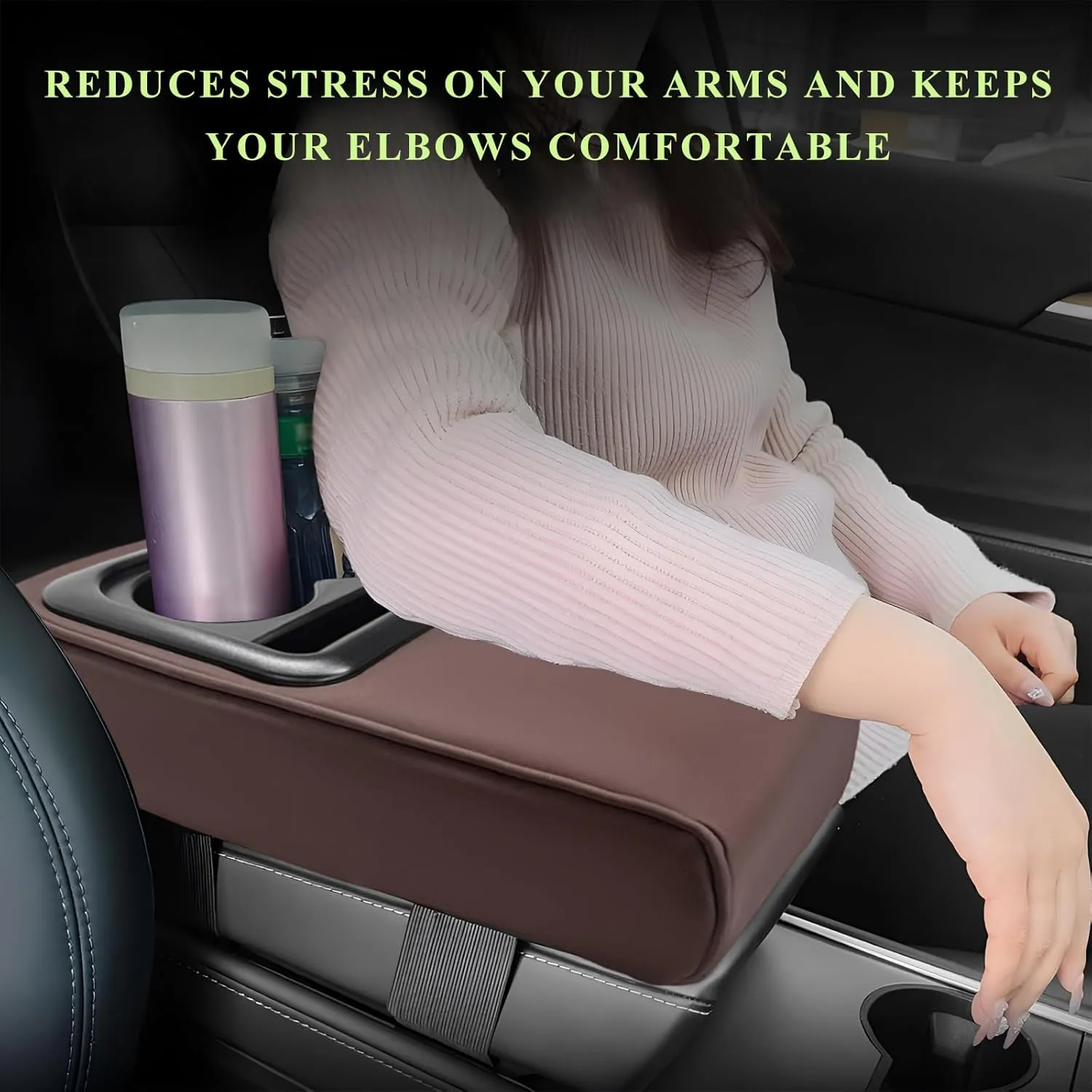 Car Center Console Armrest Pillow, Leather Auto Arm Rest Cover Protector with Cup Holder and Phone Holder, Memory Foam Armrest Cushion for Most Vehicles (Coffee, Glossy)