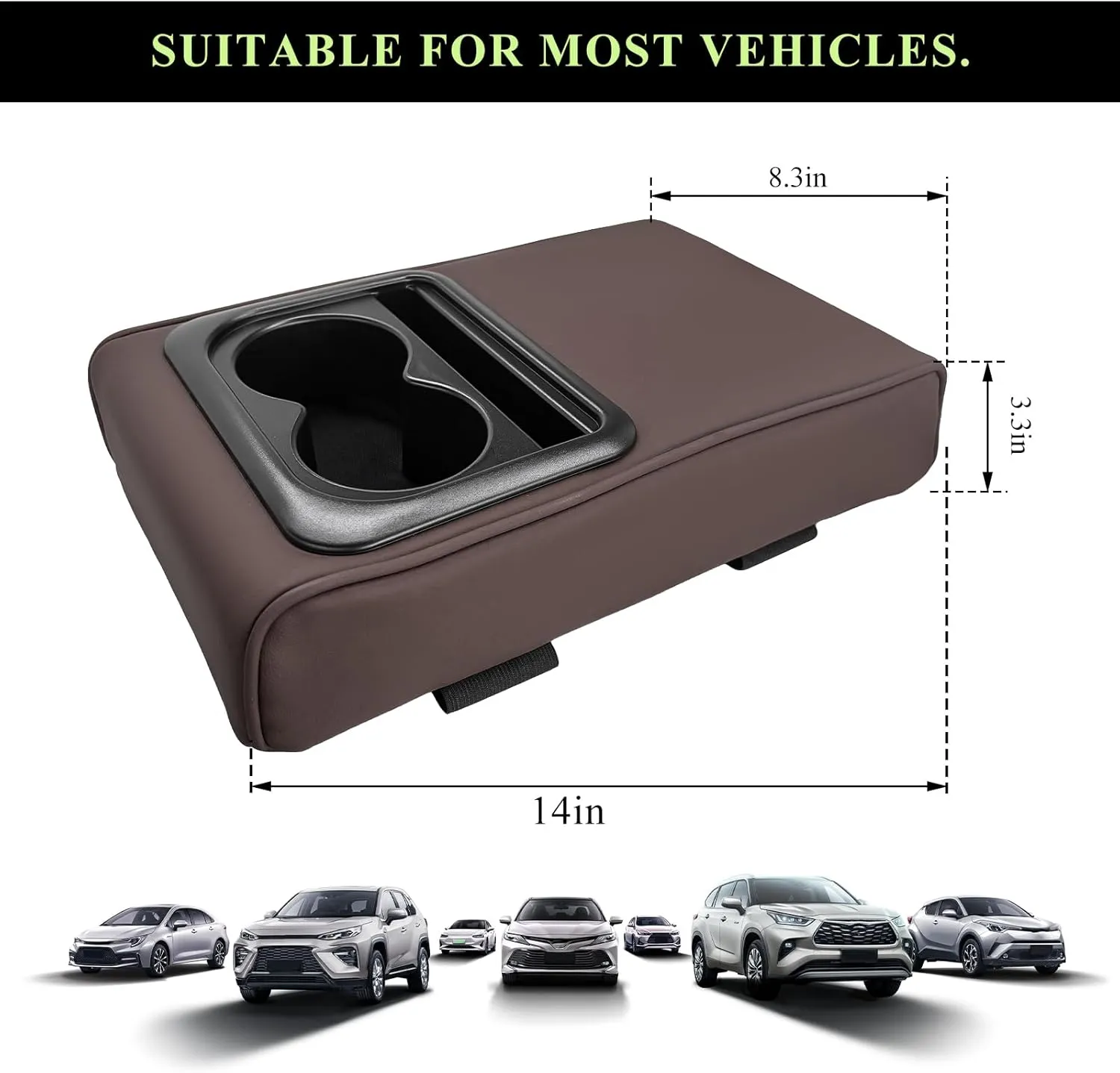 Car Center Console Armrest Pillow, Leather Auto Arm Rest Cover Protector with Cup Holder and Phone Holder, Memory Foam Armrest Cushion for Most Vehicles (Coffee, Glossy)